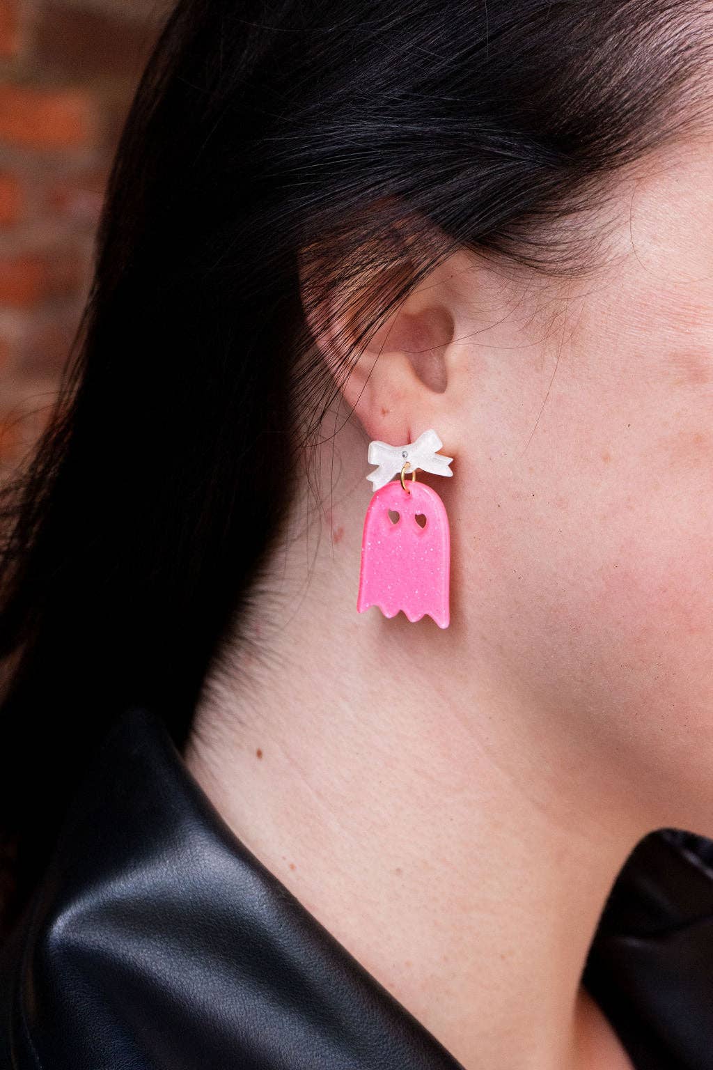 Pink Glitter Bow Ghost Earrings