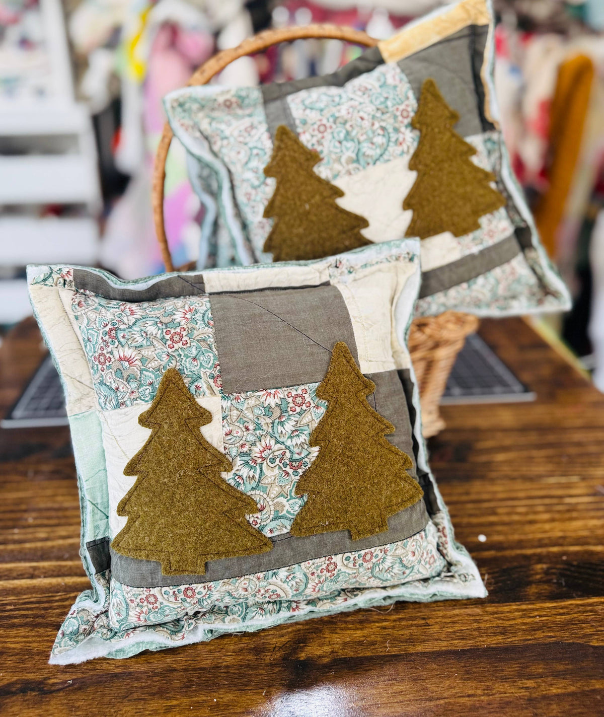 Christmas Pillow Vintage Wool Trees 12x12 Farmhouse Holiday
