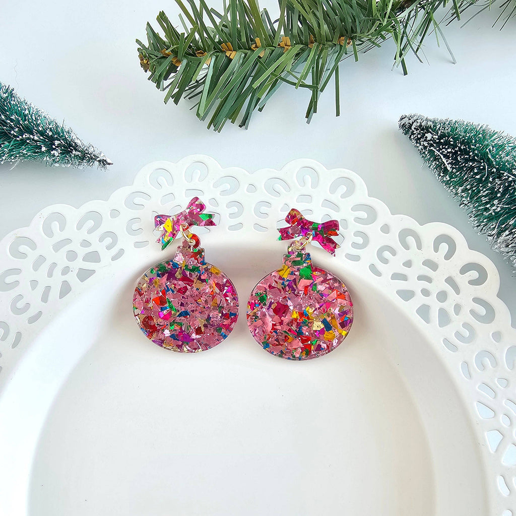 Light Pink Sparkle Christmas Ornament Earrings