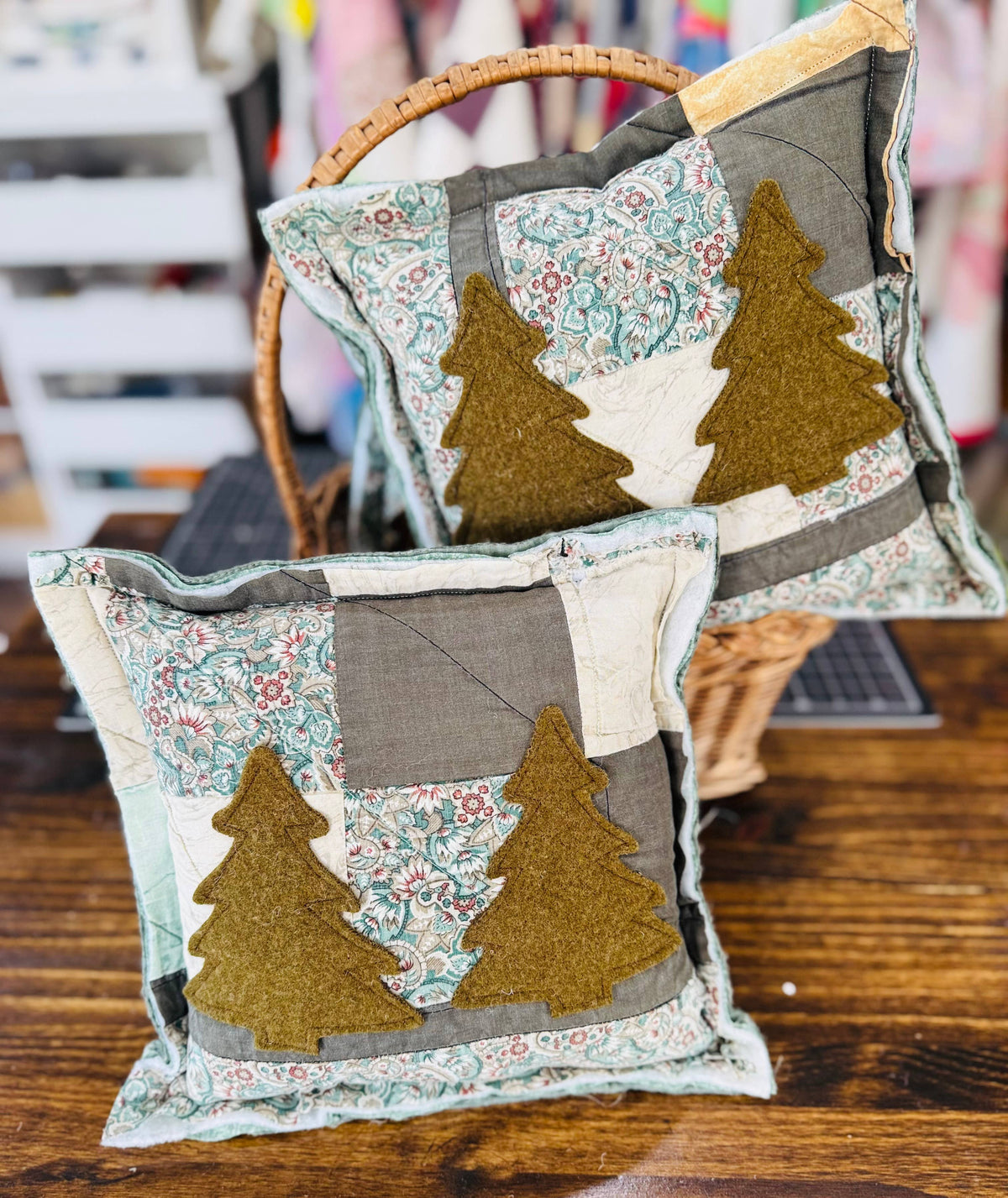Christmas Pillow Vintage Wool Trees 12x12 Farmhouse Holiday