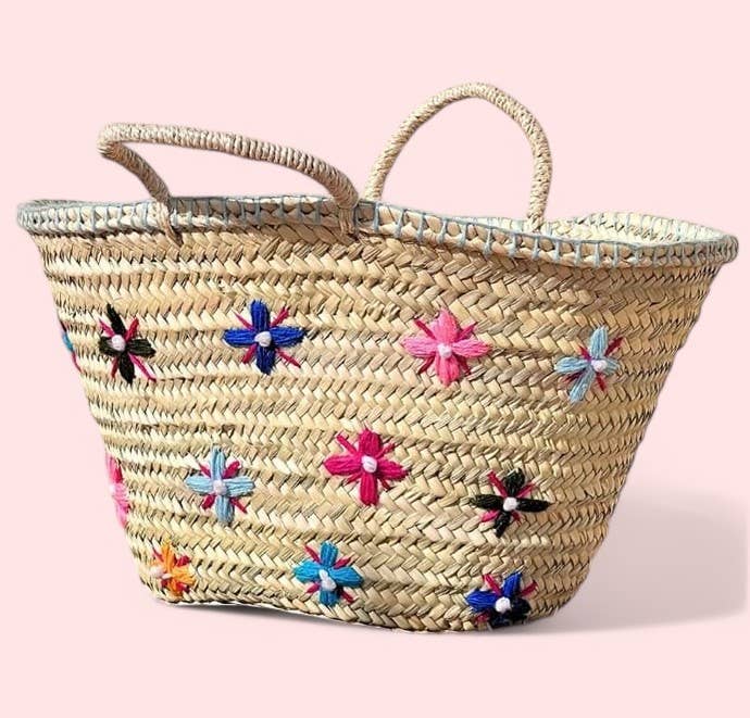 Handwoven Straw Basket with Floral Embroidery