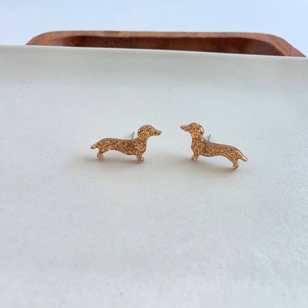 Dainty Dachshund Studs - Brown Glitter // Dog, Earrings
