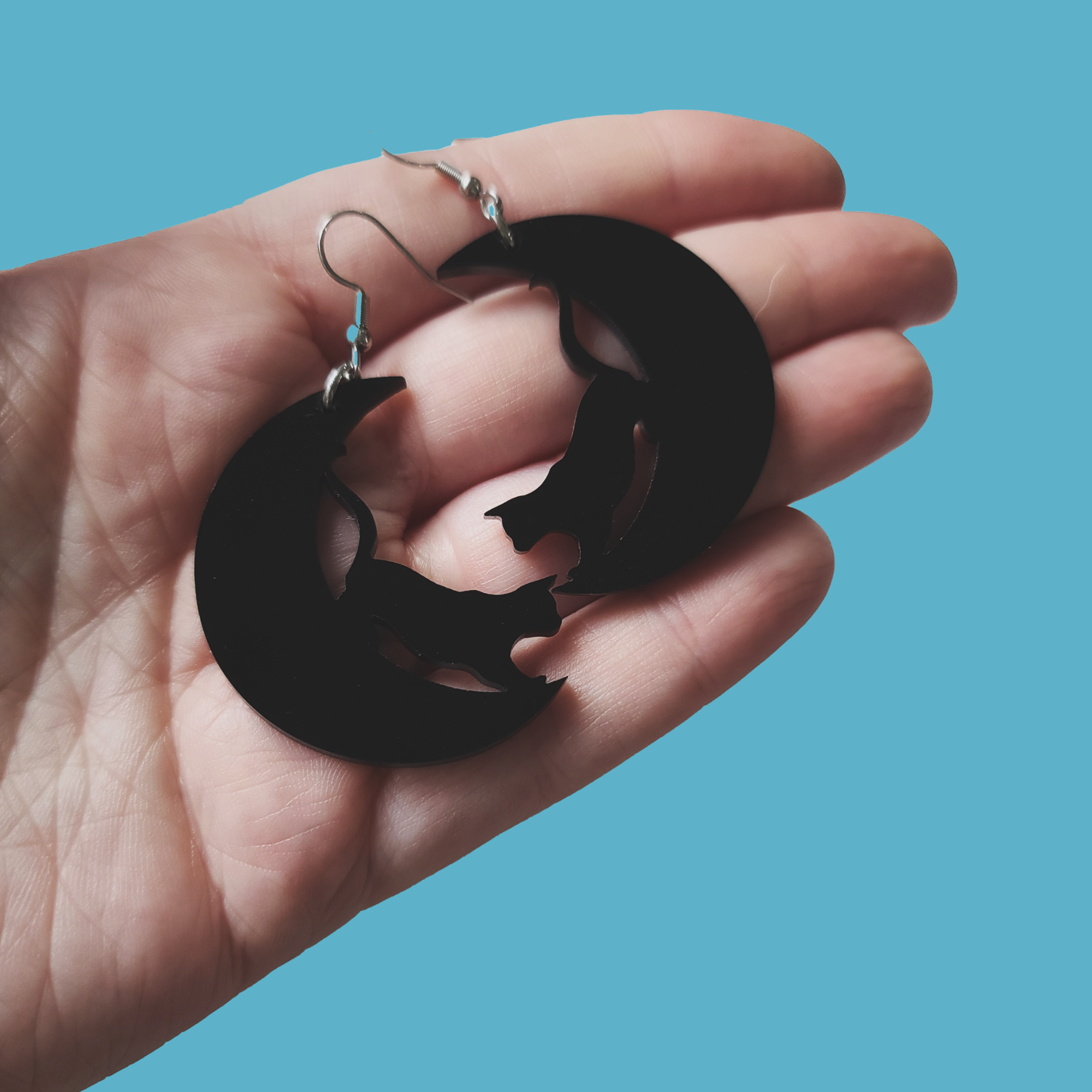 Cat on Crescent Moon Earrings