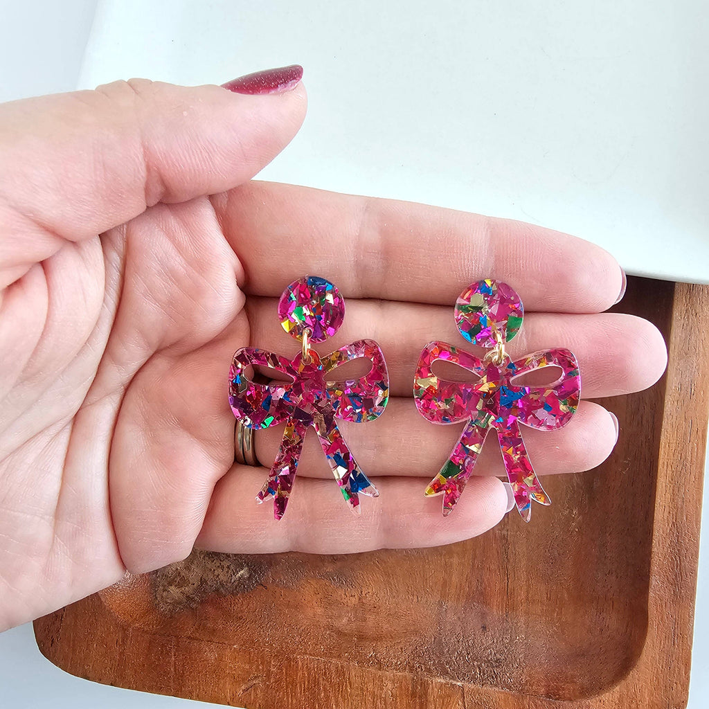 Pink Sparkle Bow Earrings