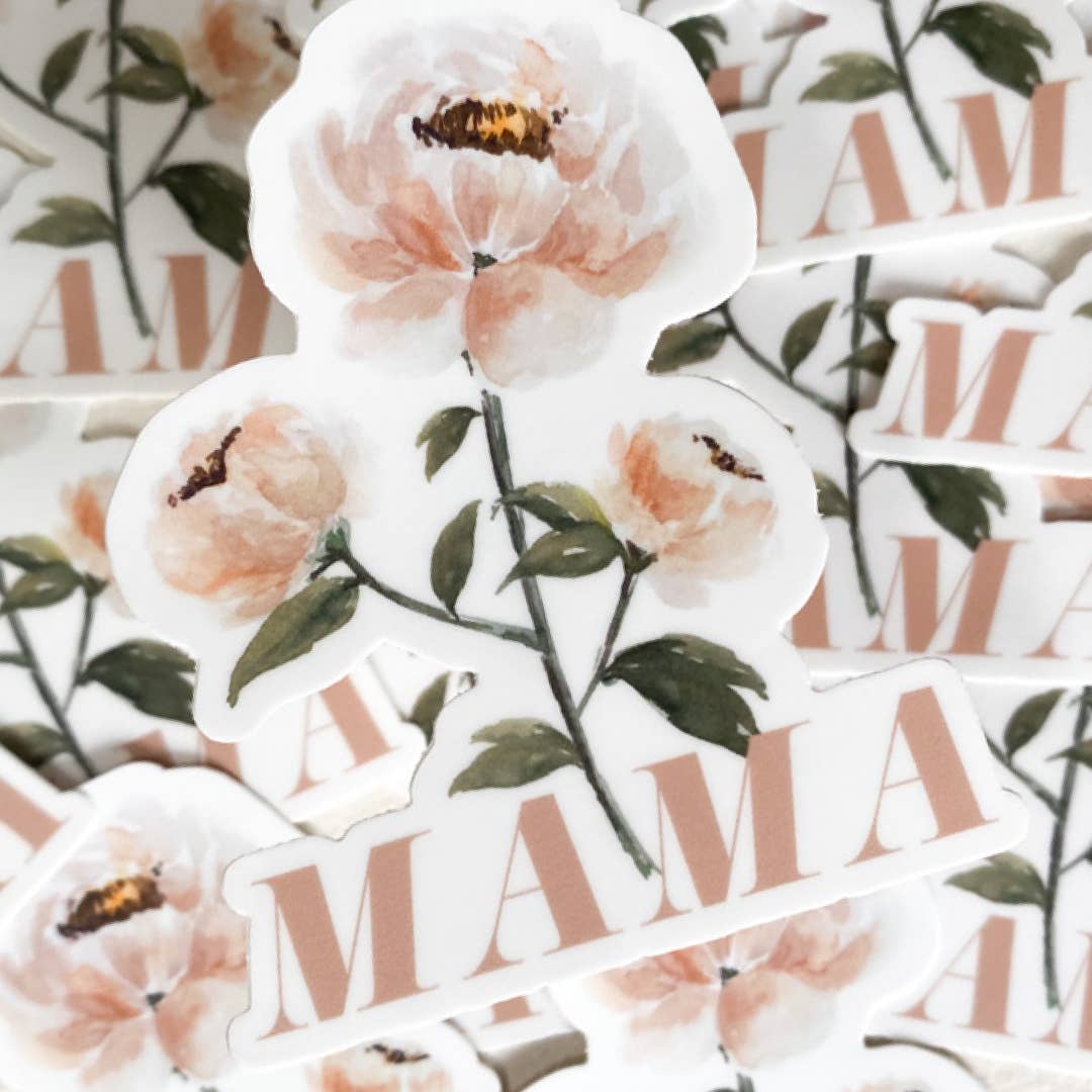 "Mama" Pink Watercolor Peony Waterproof Vinyl Sticker