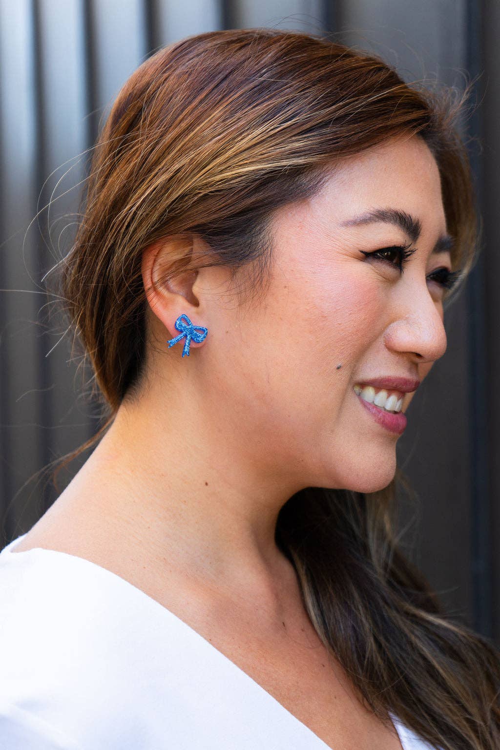 Blue Glitter Bow Studs
