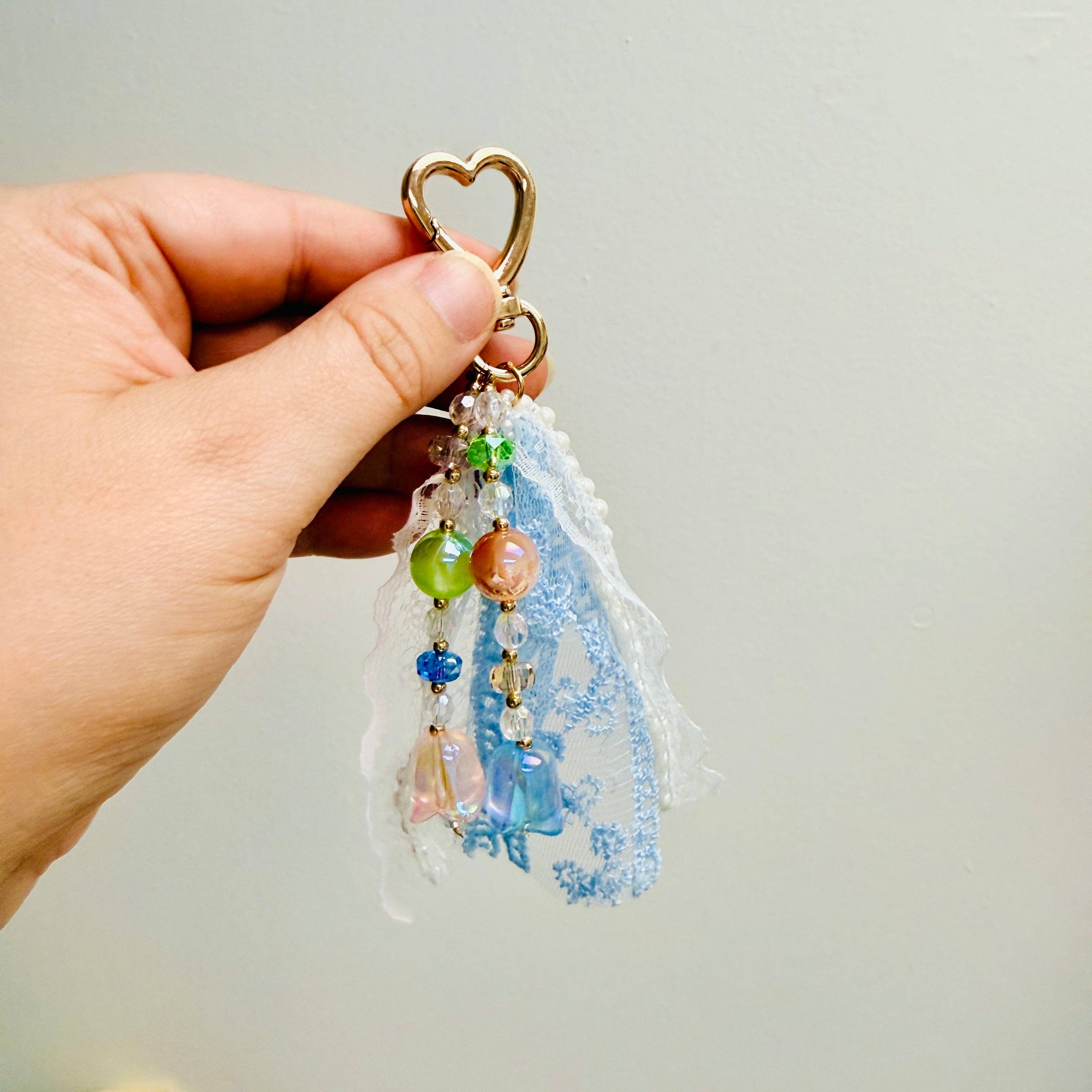 Blue Ribbon Floral Bead Bag Charm